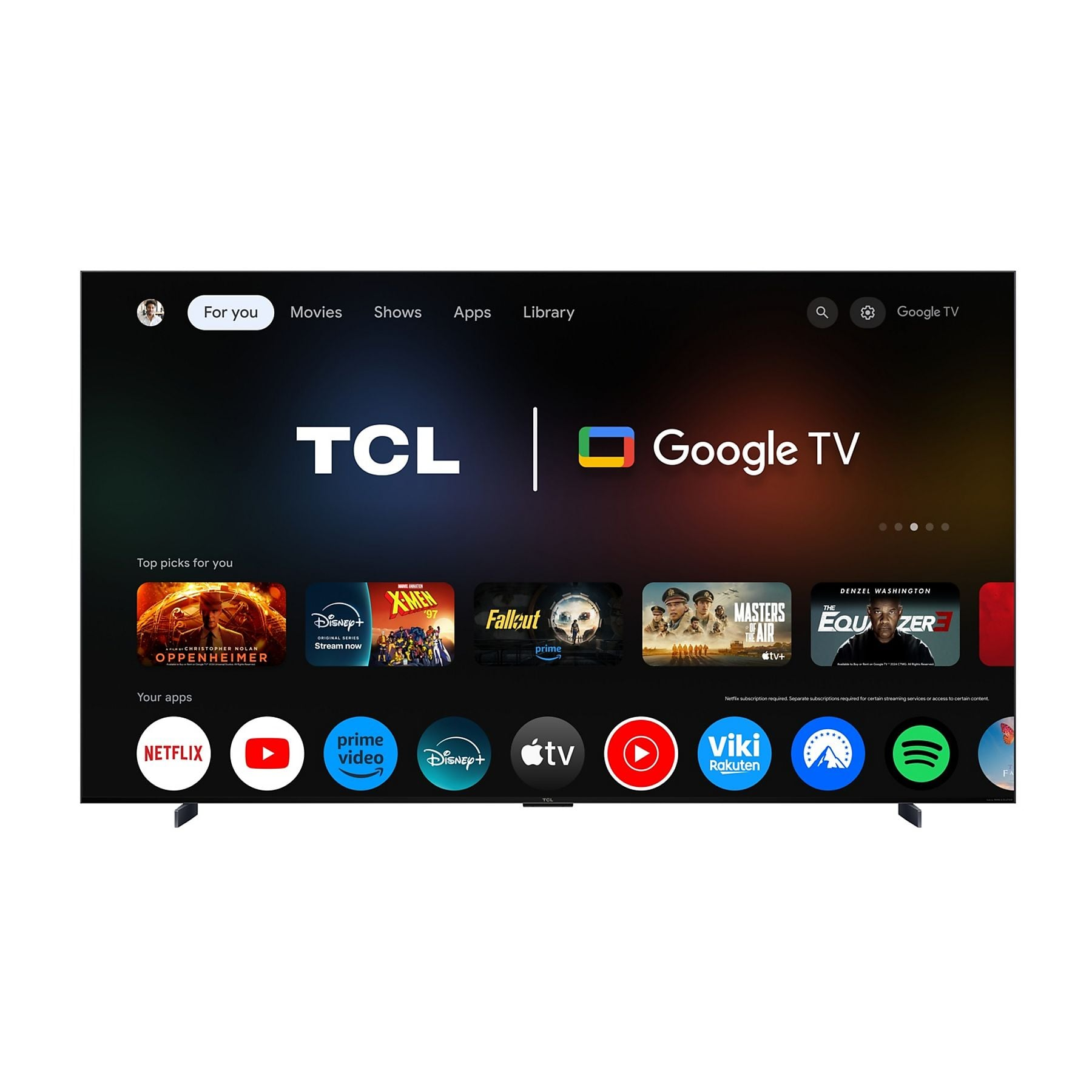 TCL Google TV con menús: Para ti, Películas, Series, Apps, Biblioteca, Buscar, Config.