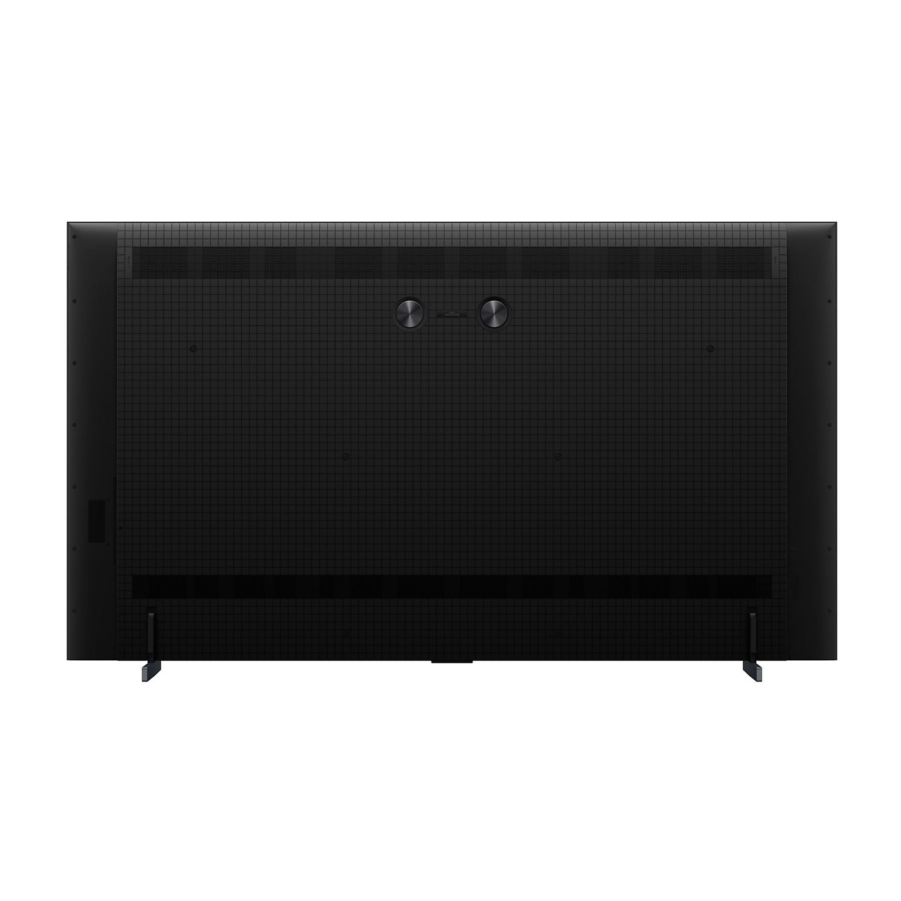 Vista trasera de un televisor negro con patrón de rejilla y dos perillas.