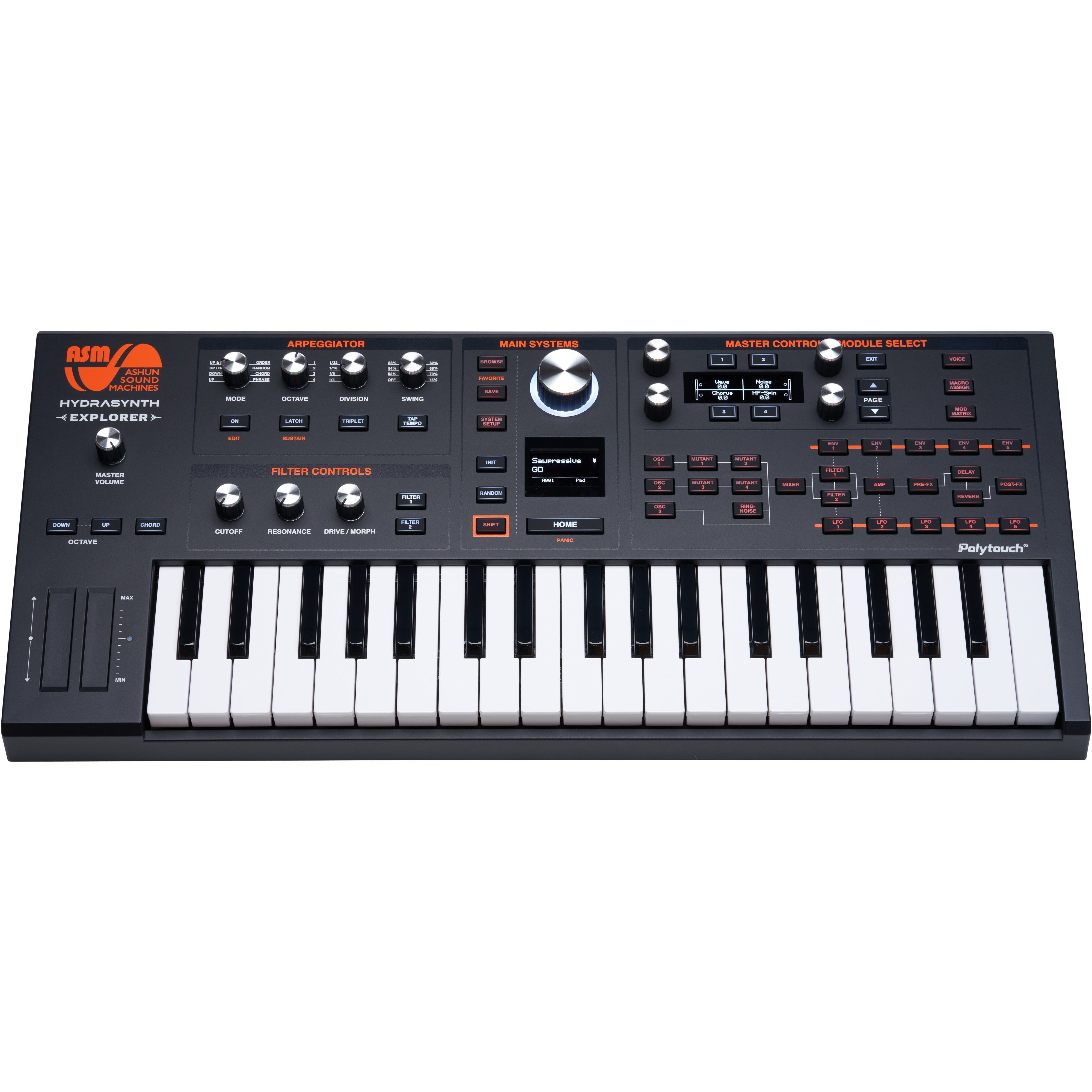 A black synthesizer with black and white keys, knobs, and a screen.