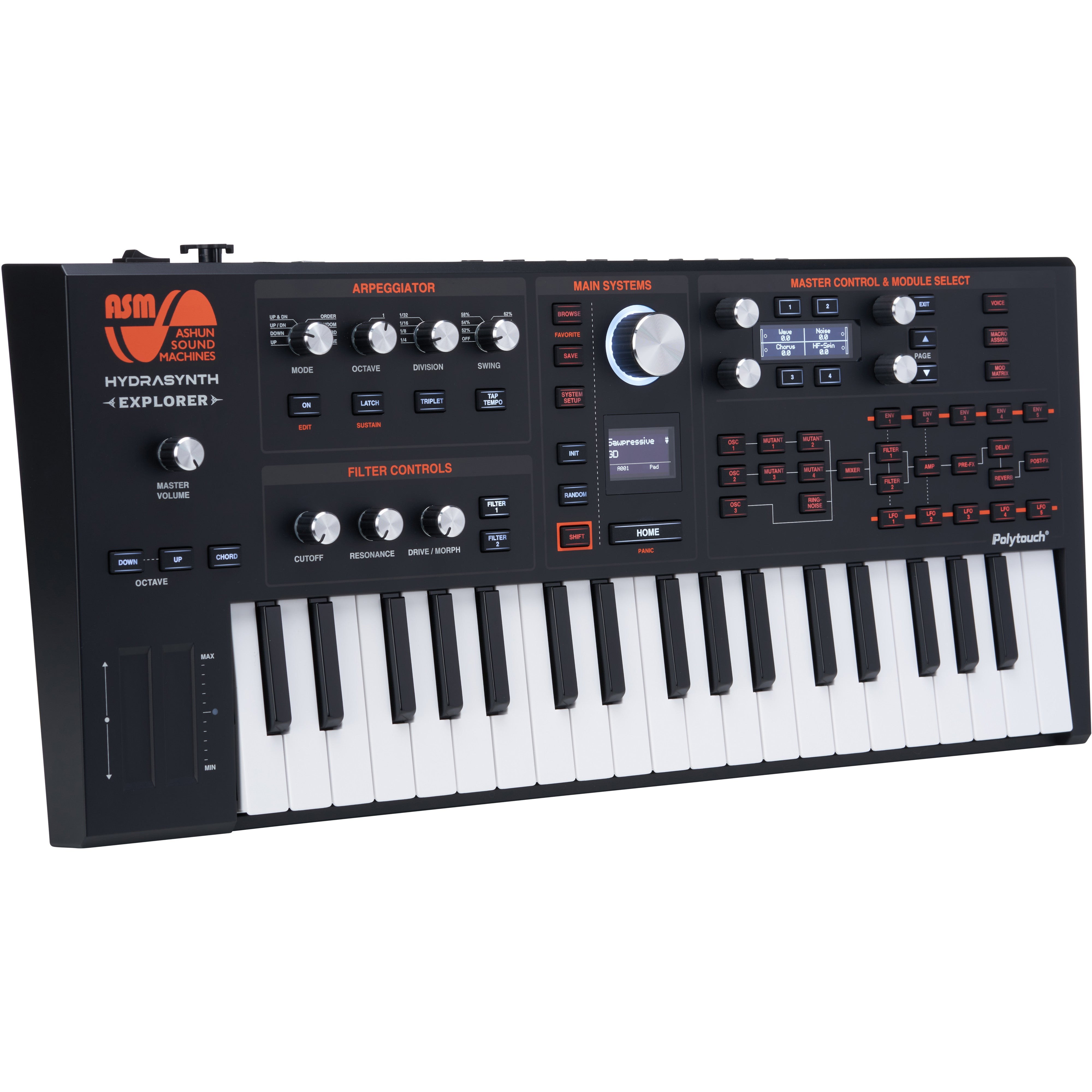 Black synthesizer with keys and controls, studio equipment.