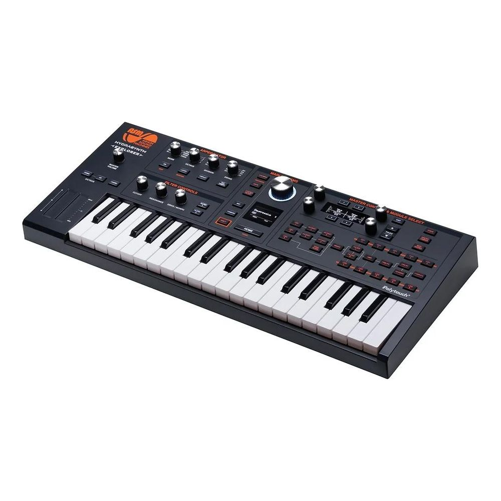 A black synthesizer keyboard with white and black keys and many knobs.