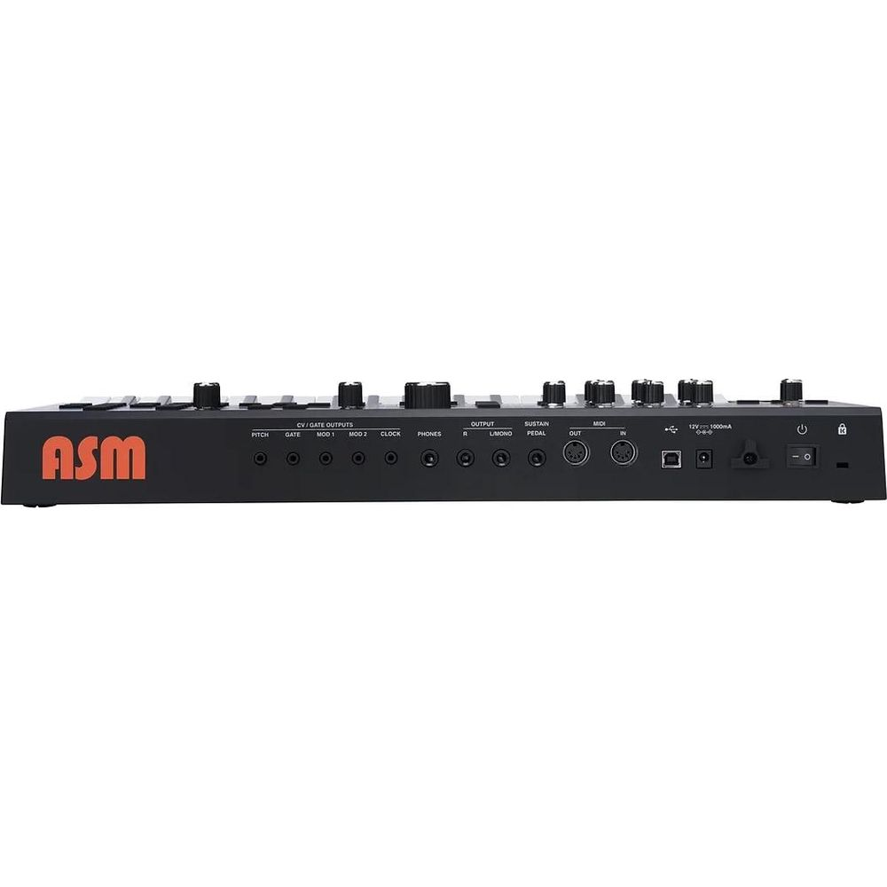 Black ASM synthesizer with various ports and knobs on the back panel.