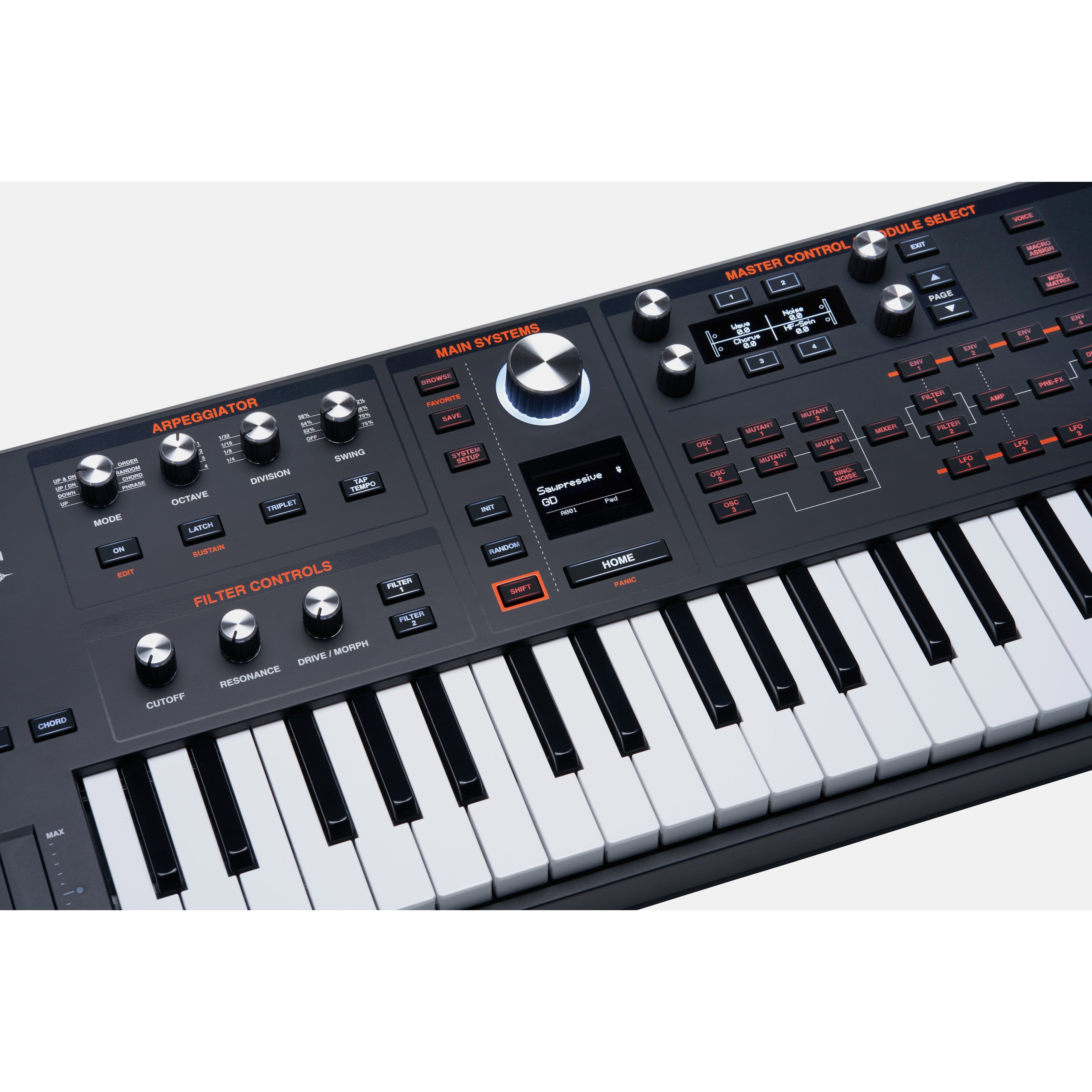 Black synthesizer keyboard with numerous knobs, buttons, and a screen. Features arpeggiator, filter, and master controls.