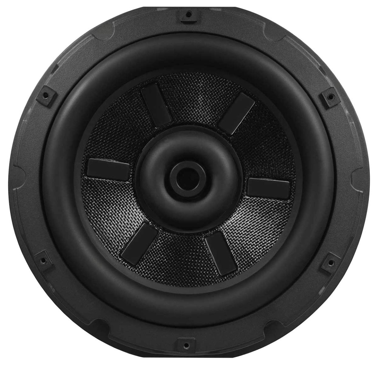 Schwarzer Subwoofer mit zentralem Konus und Gittermuster, seitliche Schraubenlöcher.