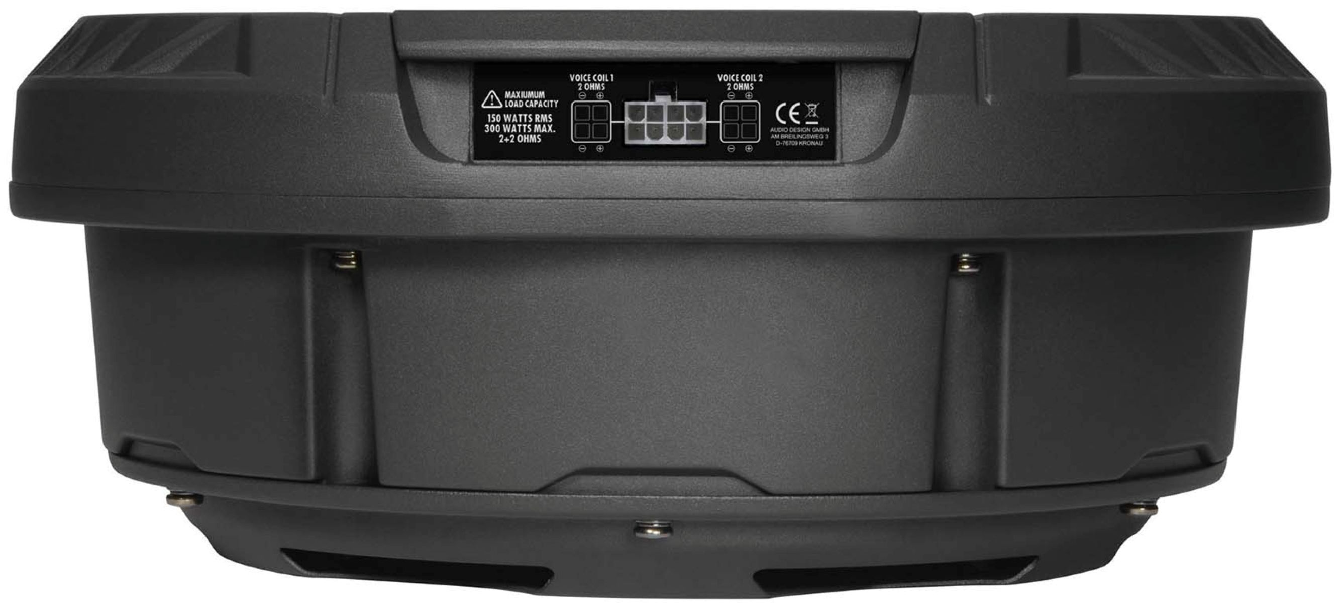 Schwarzer Subwoofer mit technischen Daten und CE-Zeichen.