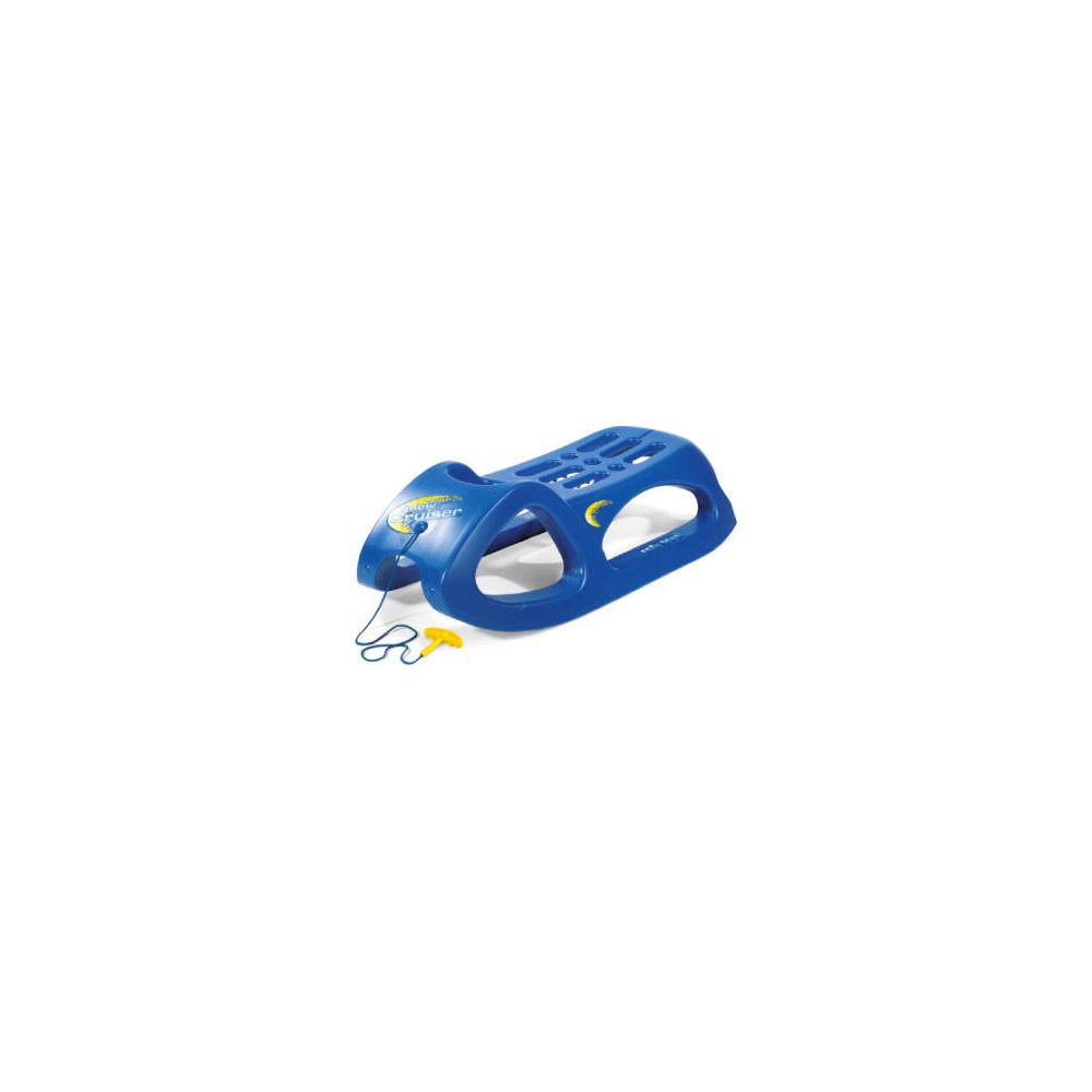 Una slitta blu di plastica con corda e manico gialli.