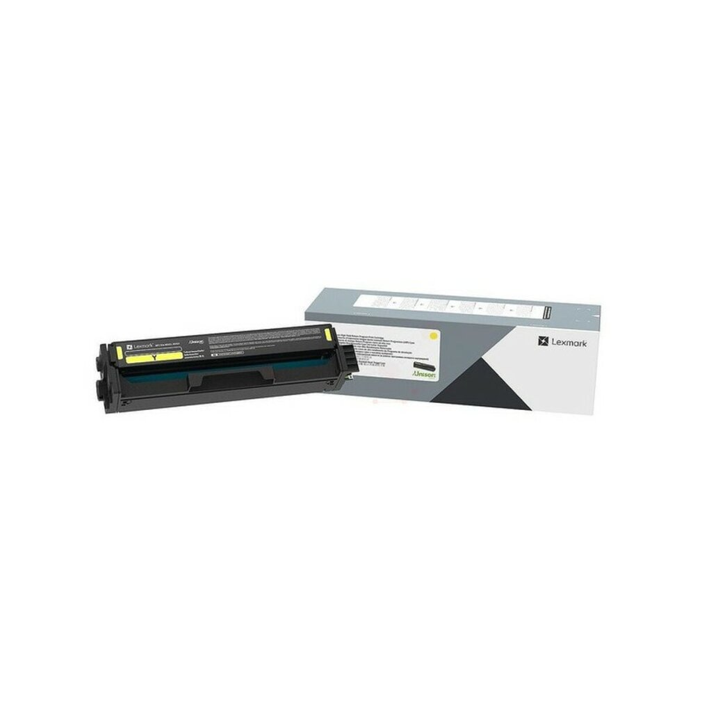 Lexmark gele toner cartridge naast zijn grijs-witte doos op witte achtergrond.