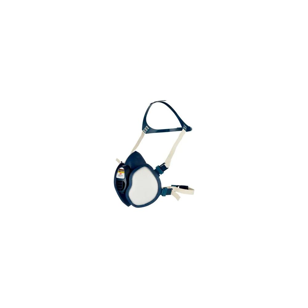 Eine dunkelblaue Atemschutzmaske mit weißen Filtern und Riemen.