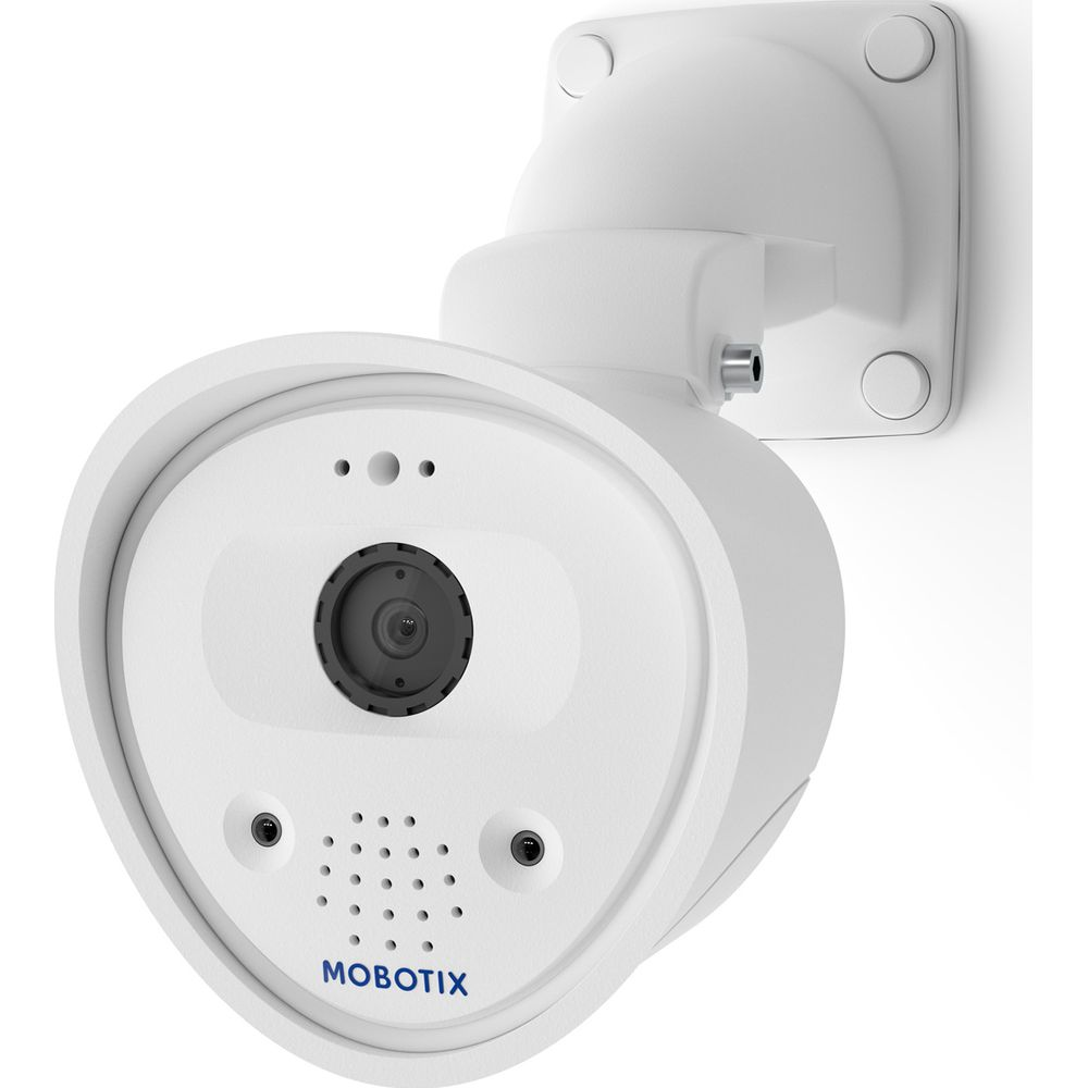 Eine weiße Mobotix-Überwachungskamera ist an einer weißen Wand montiert.