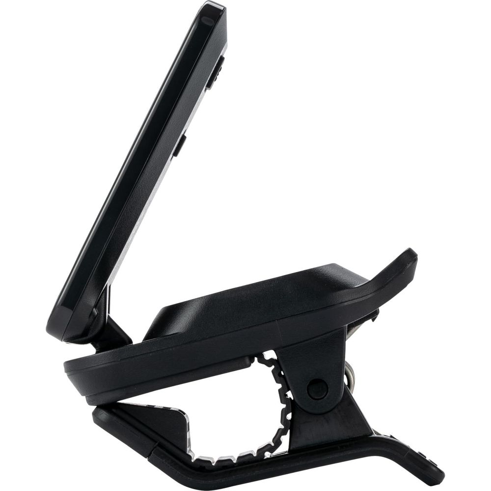 Schwarzer Clip-Tuner mit Bildschirm, von der Seite gesehen.
