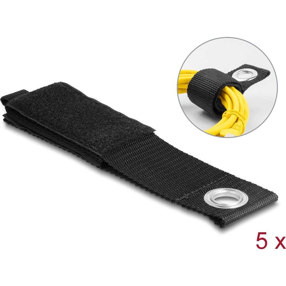 Schwarzer Klettverschlussgurt mit Öse, hält gelbe Kabel. 5er-Pack.