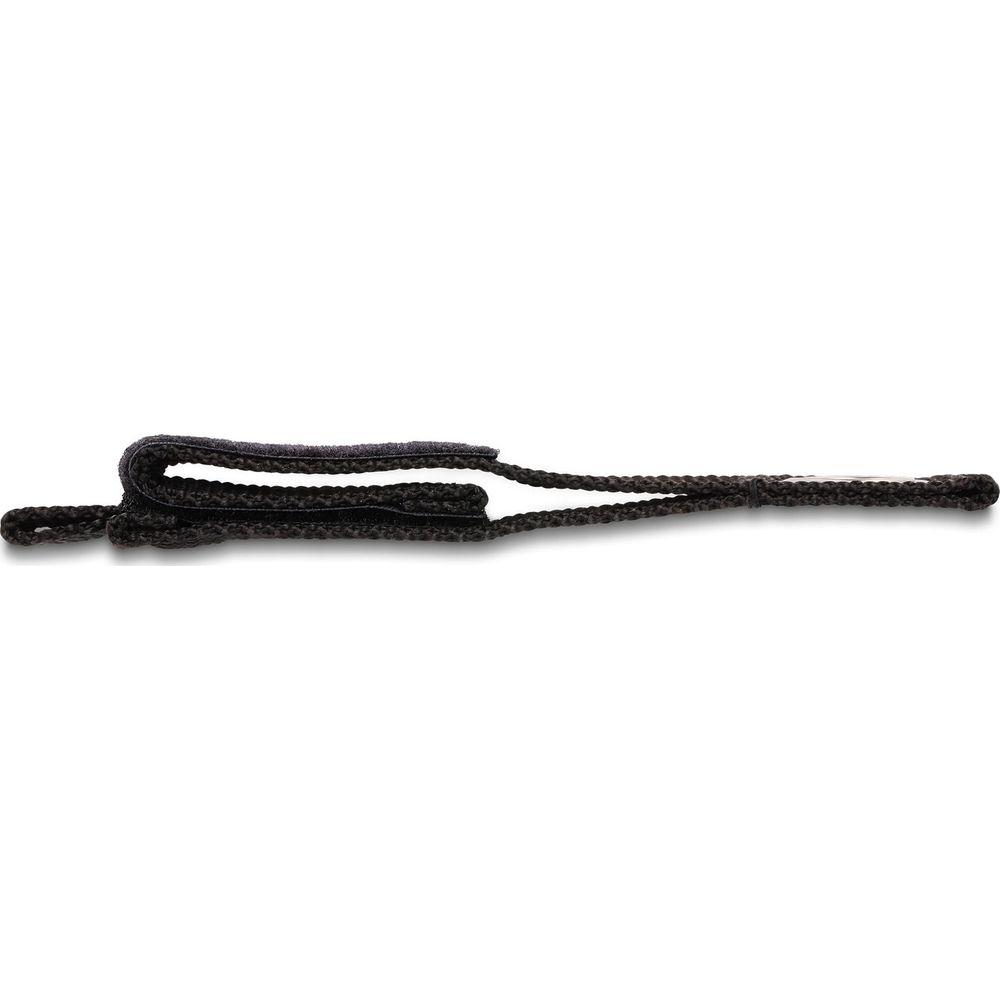Ein schwarzes Klettband mit einem geflochtenen Seil ist auf weißem Hintergrund zu sehen.