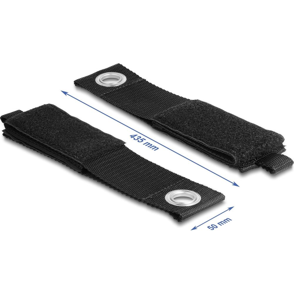 Schwarze Klettbänder mit Ösen, 435mm lang und 50mm breit.