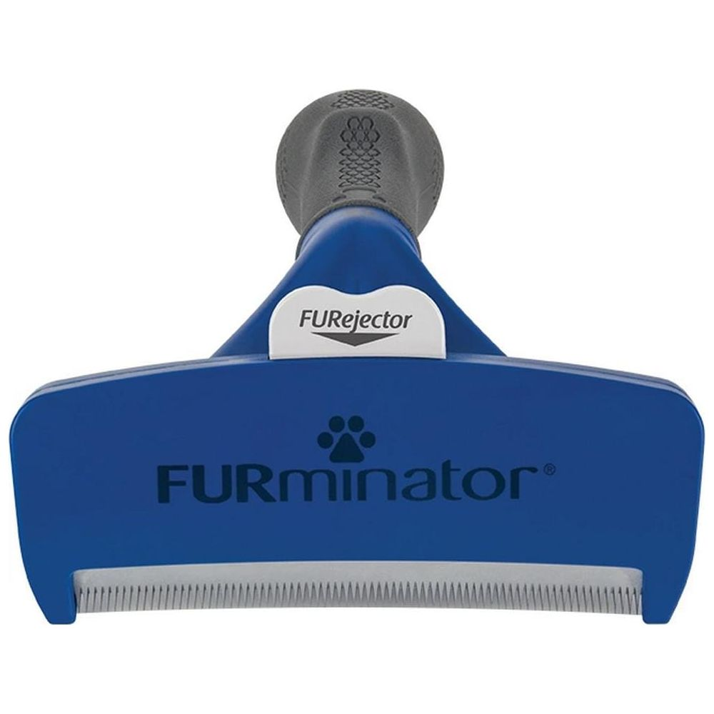 Blauer Fellpflegekamm mit schwarzem Griff und der Aufschrift FURminator.