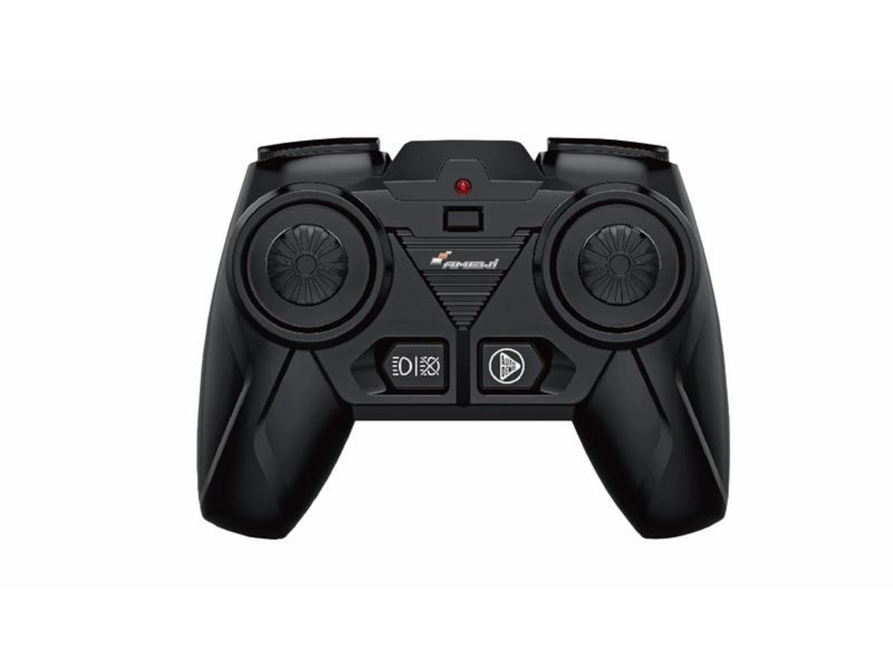 Schwarzer RC-Controller mit zwei Joysticks, Knöpfen und einem roten Lämpchen.