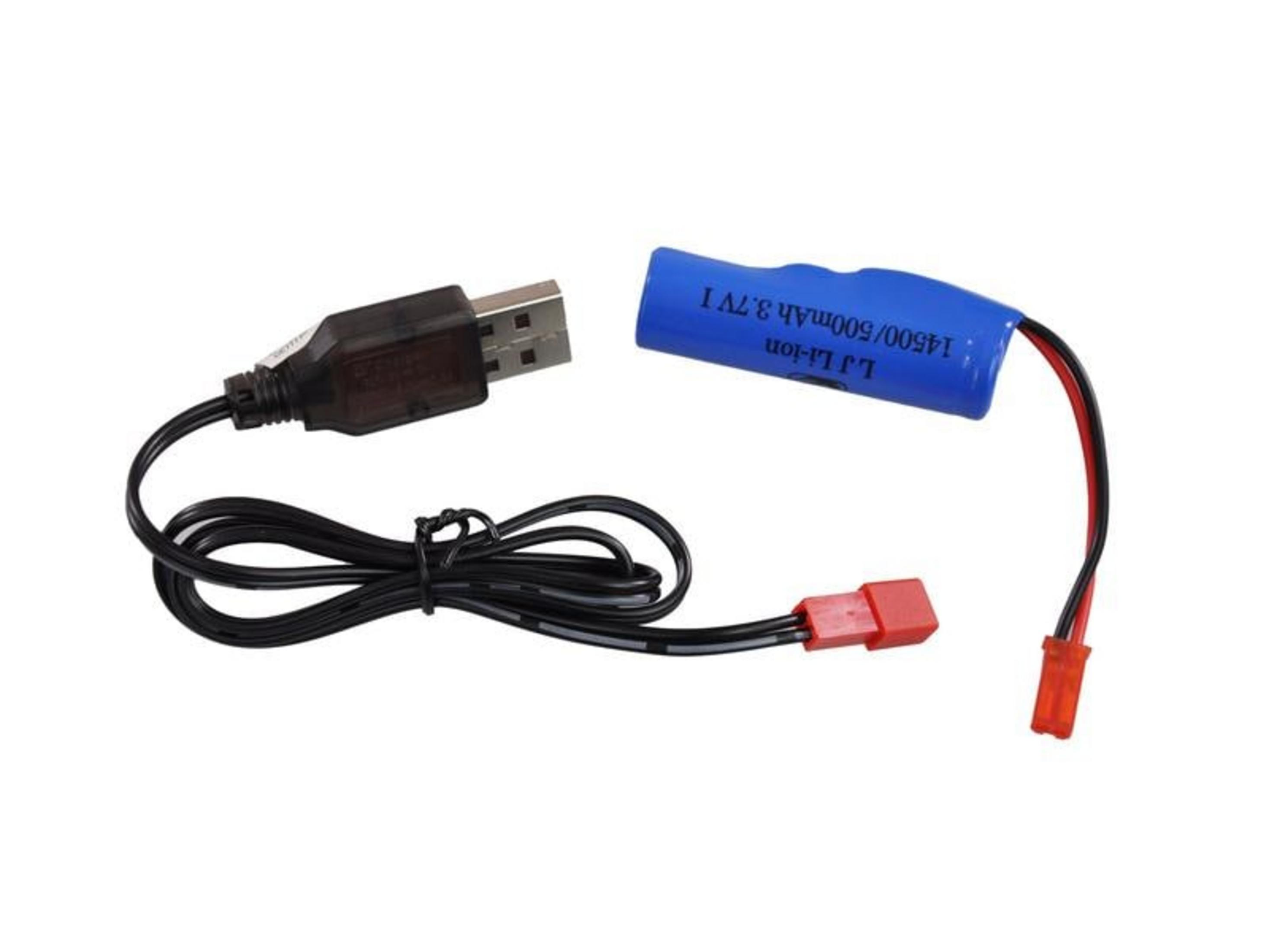 Ein blaues Li-Ion-Akku-Pack mit roten und schwarzen Kabeln liegt neben einem schwarzen USB-Ladegerät.