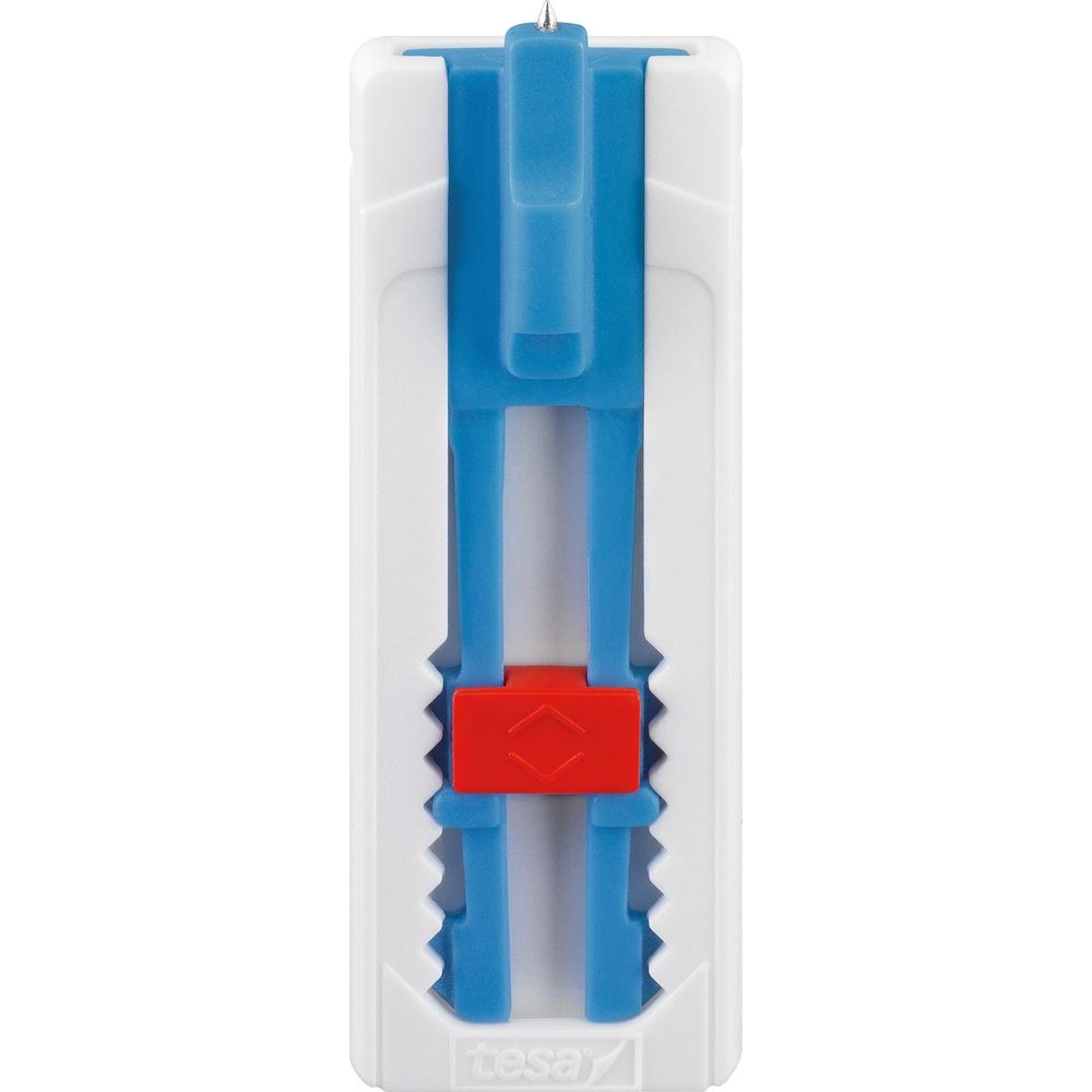 Ein weißer und blauer Klebebandabroller mit rotem Knopf und Metallspitze.