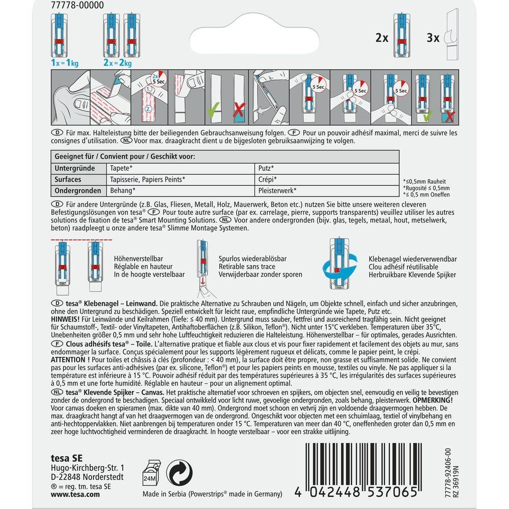 Verpackung von tesa Klebenägeln mit detaillierten Anwendungs- und Produktinformationen.