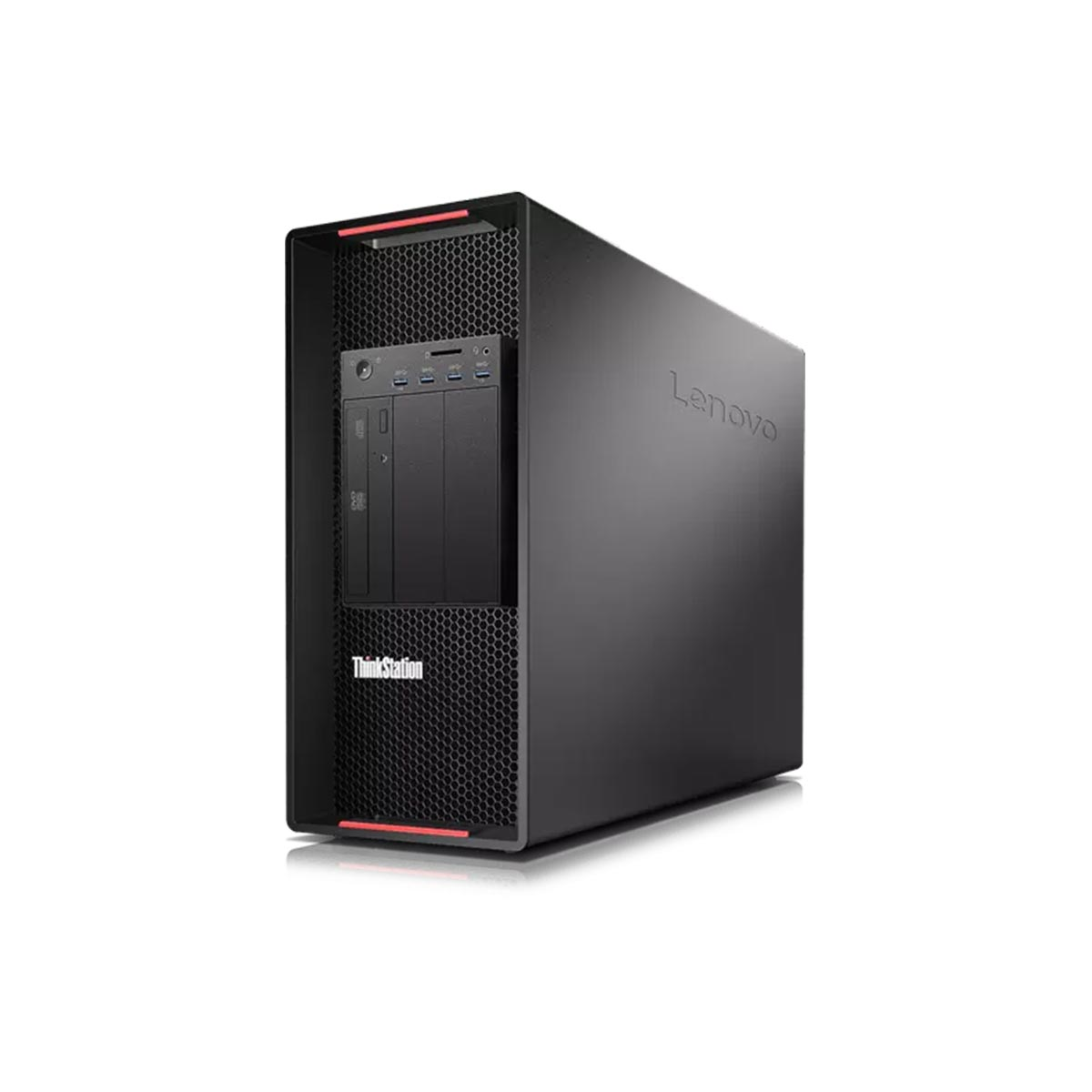 Czarna obudowa komputera Lenovo ThinkStation z czerwonymi akcentami na białym tle.