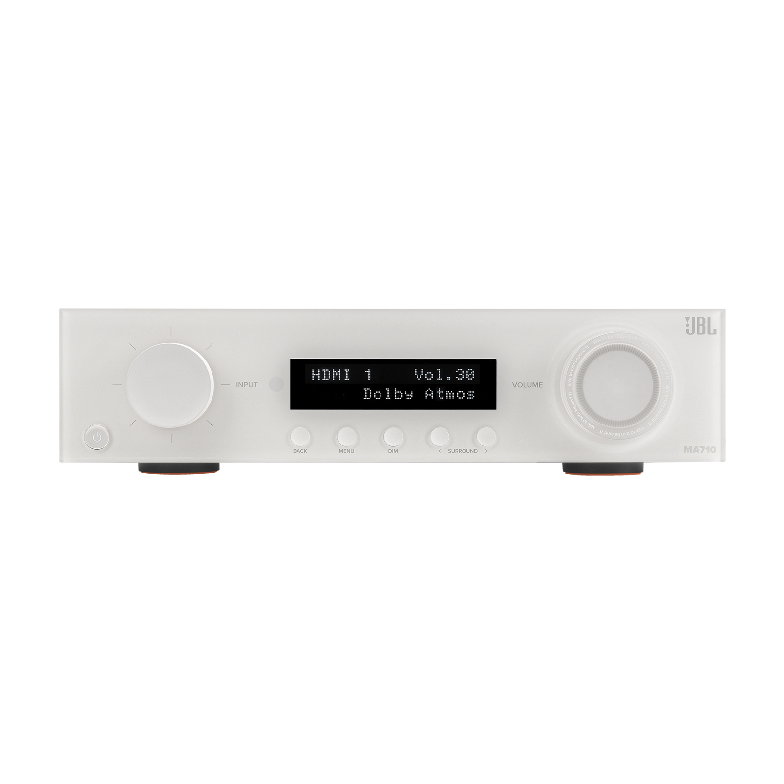 Bia0y odbiornik audio JBL z pokr0t0ami, przyciskami i wy0wietlaczem pokazuj0cym HDMI 1, Vol.30, Dolby Atmos.
