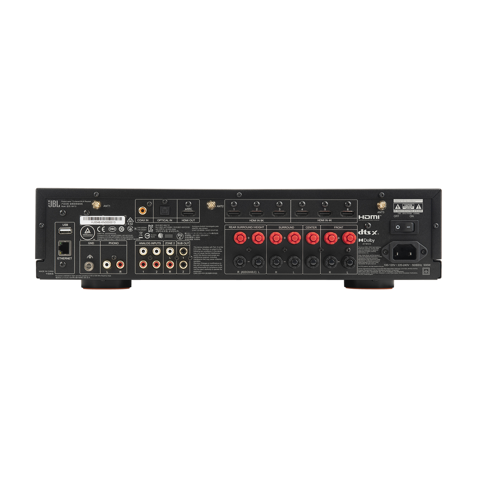 Widok z tyłu czarnego amplitunera AV z portami HDMI, USB, Ethernet i wejściami/wyjściami audio.