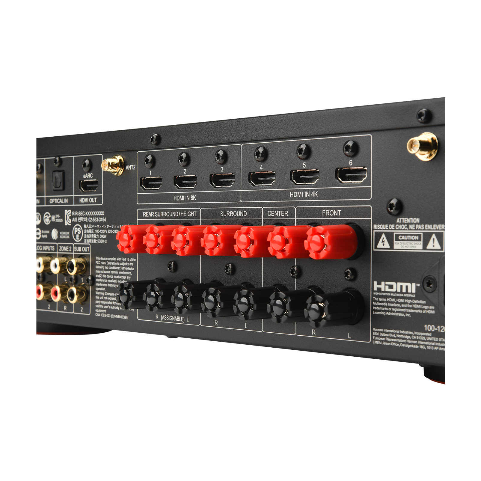 Tylny panel amplitunera AV z gniazdami HDMI, USB i głośnikowymi.