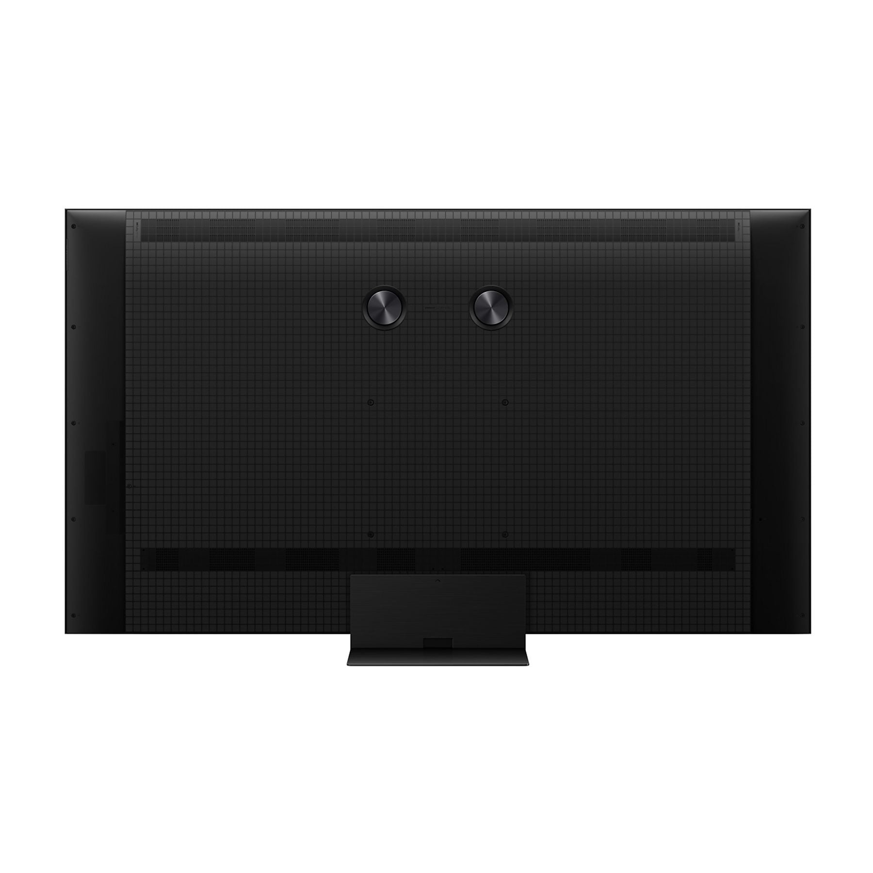 Parte trasera de un televisor negro con patrón de rejilla texturizada y dos perillas.