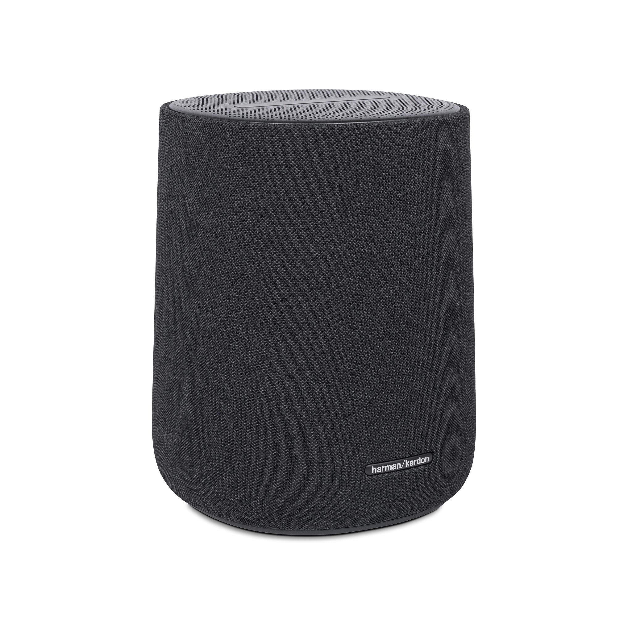 Czarny głośnik Harman Kardon z materiałowym pokryciem i perforowaną górą.