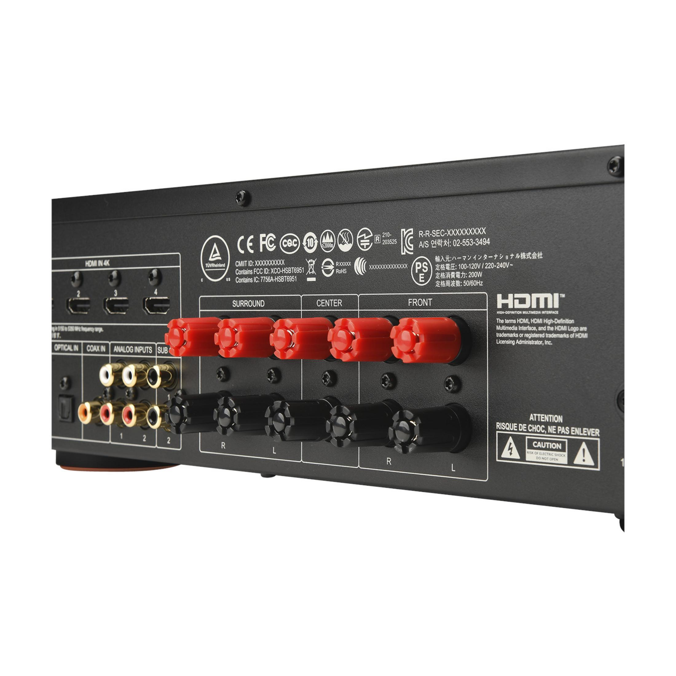 Tylny panel amplitunera AV z portami: HDMI, Optyczny, Koncentryczny, Analogowy, Sub, terminale głośnikowe.