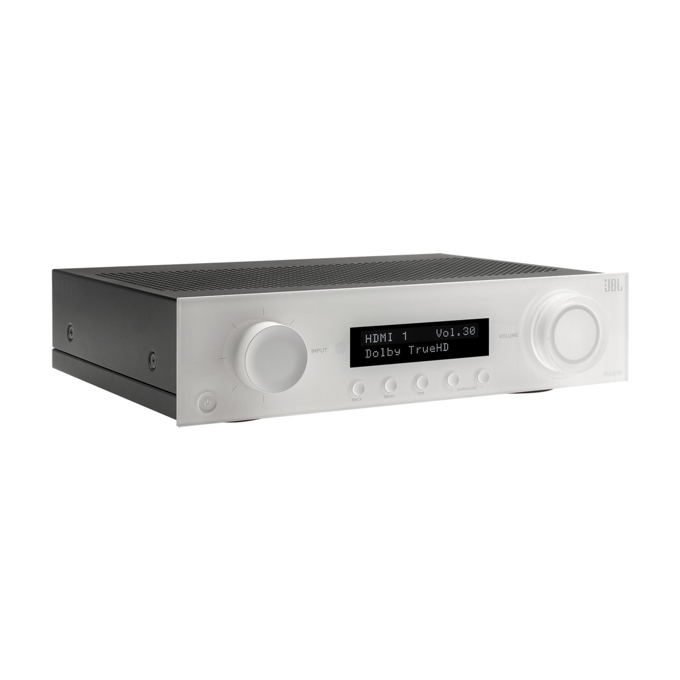 Czarny i srebrny amplituner JBL z wyświetlaczem pokazującym HDMI 1 i Dolby TrueHD.