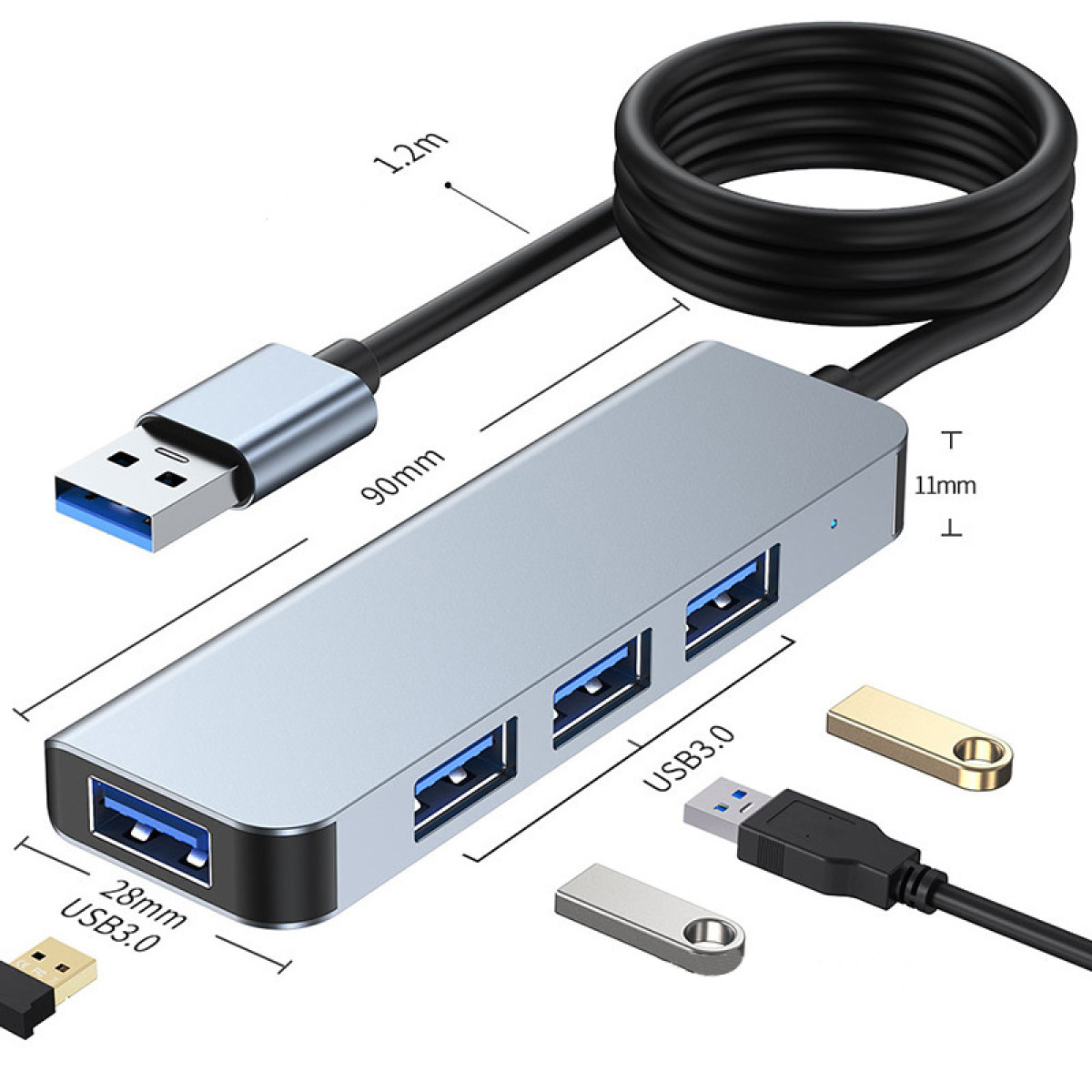 Silberner USB-Hub mit 4 Anschlüssen, 1,2m Kabel, 90x28x11mm.
