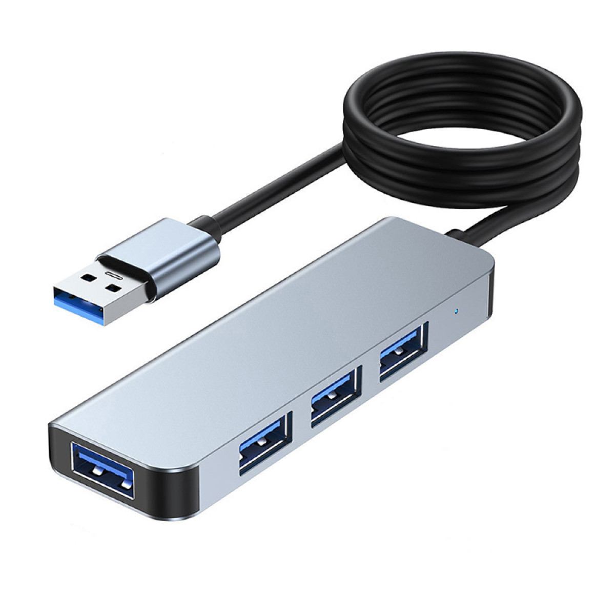 Grauer USB-Hub mit vier Anschlussen und schwarzem Kabel auf weißem Hintergrund.