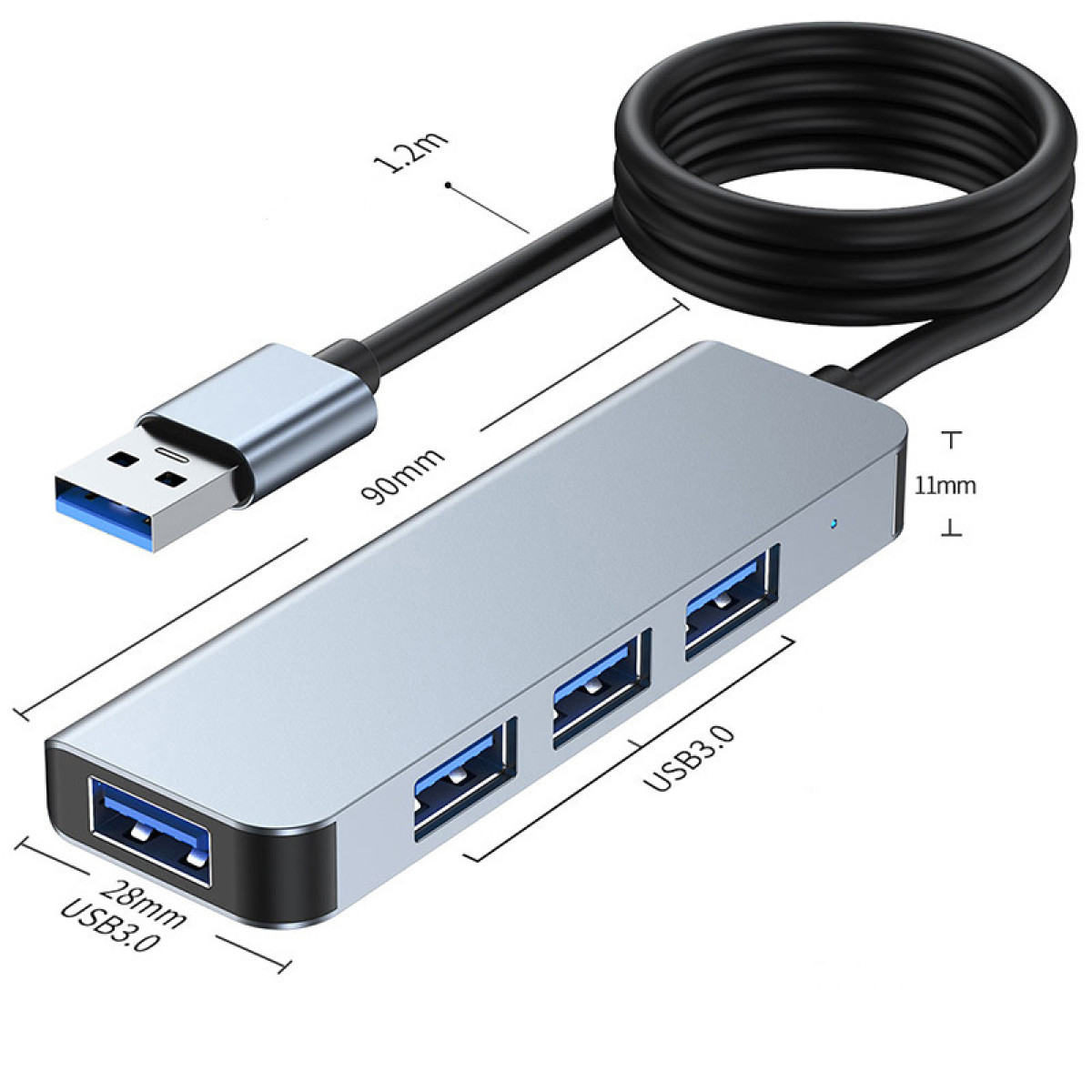 Ein silberner USB 3.0 Hub mit vier Anschlüssen und einem Kabel.