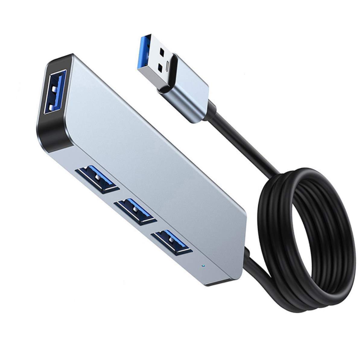 Ein silberner USB 3.0 Hub mit vier Anschlüssen und schwarzem Kabel.