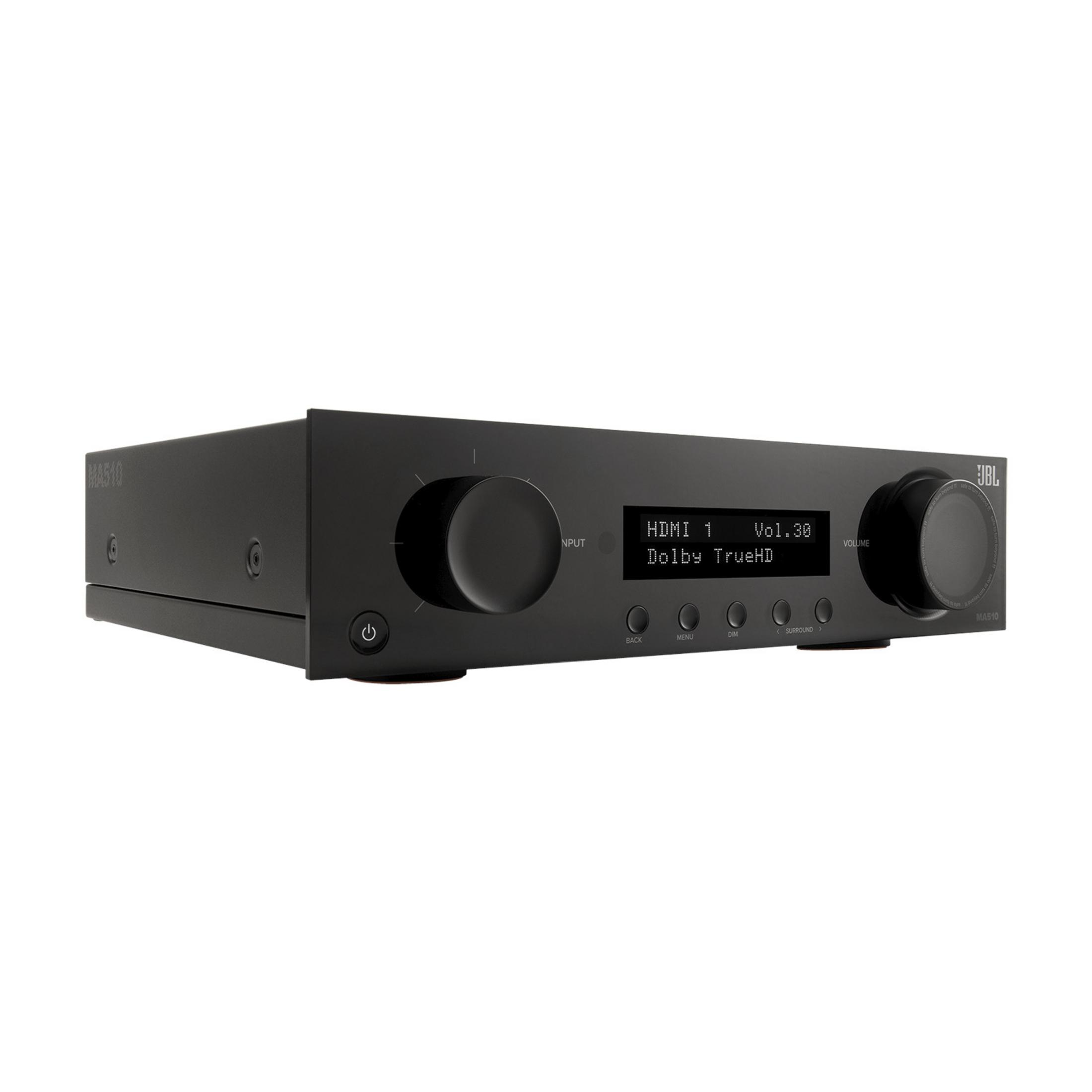Czarny odbiornik JBL MA510 z pokrętłem głośności, wyświetlacz pokazuje HDMI 1, Dolby TrueHD.