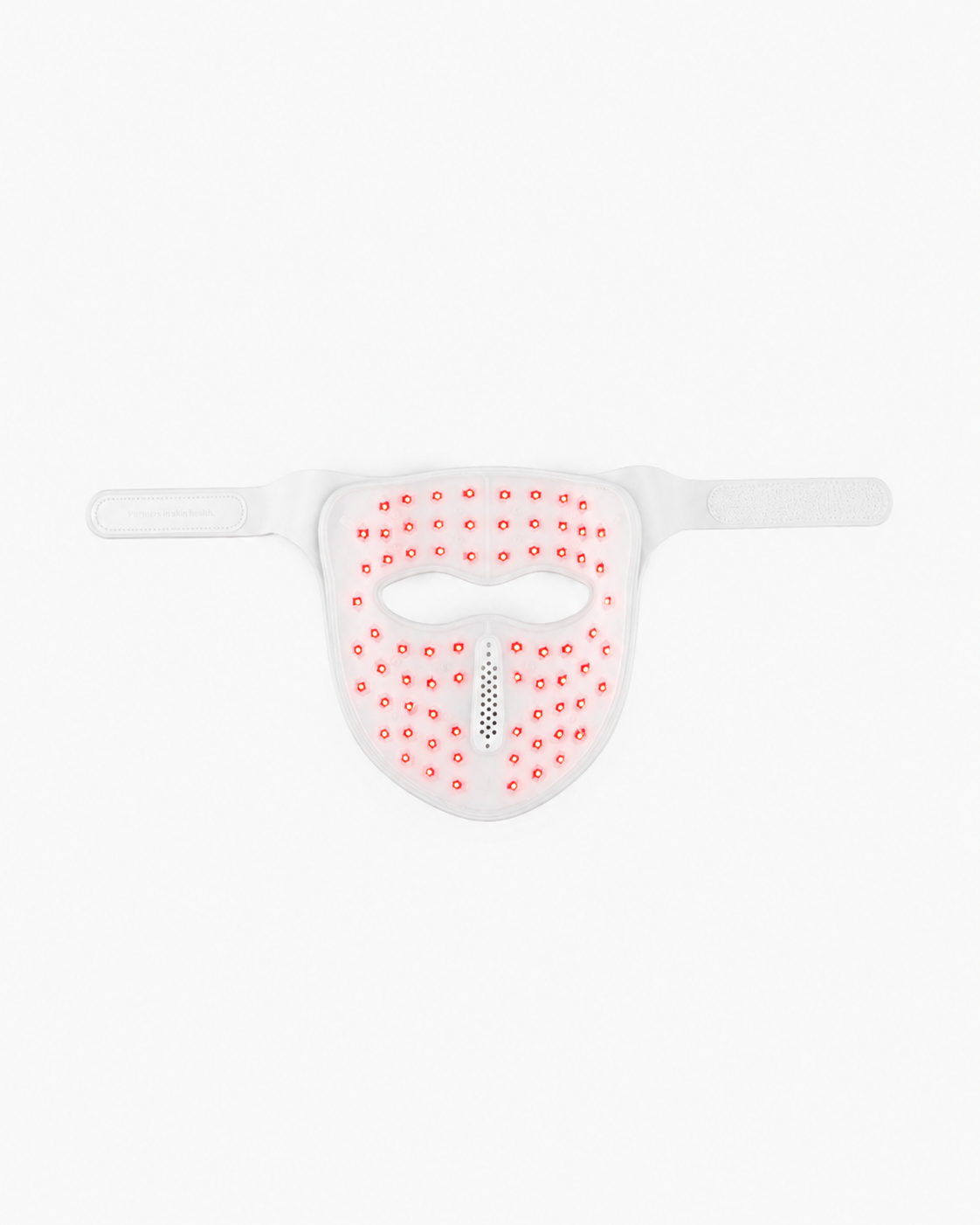 Wit LED gezichtsmasker met verstelbare bandjes op witte achtergrond.