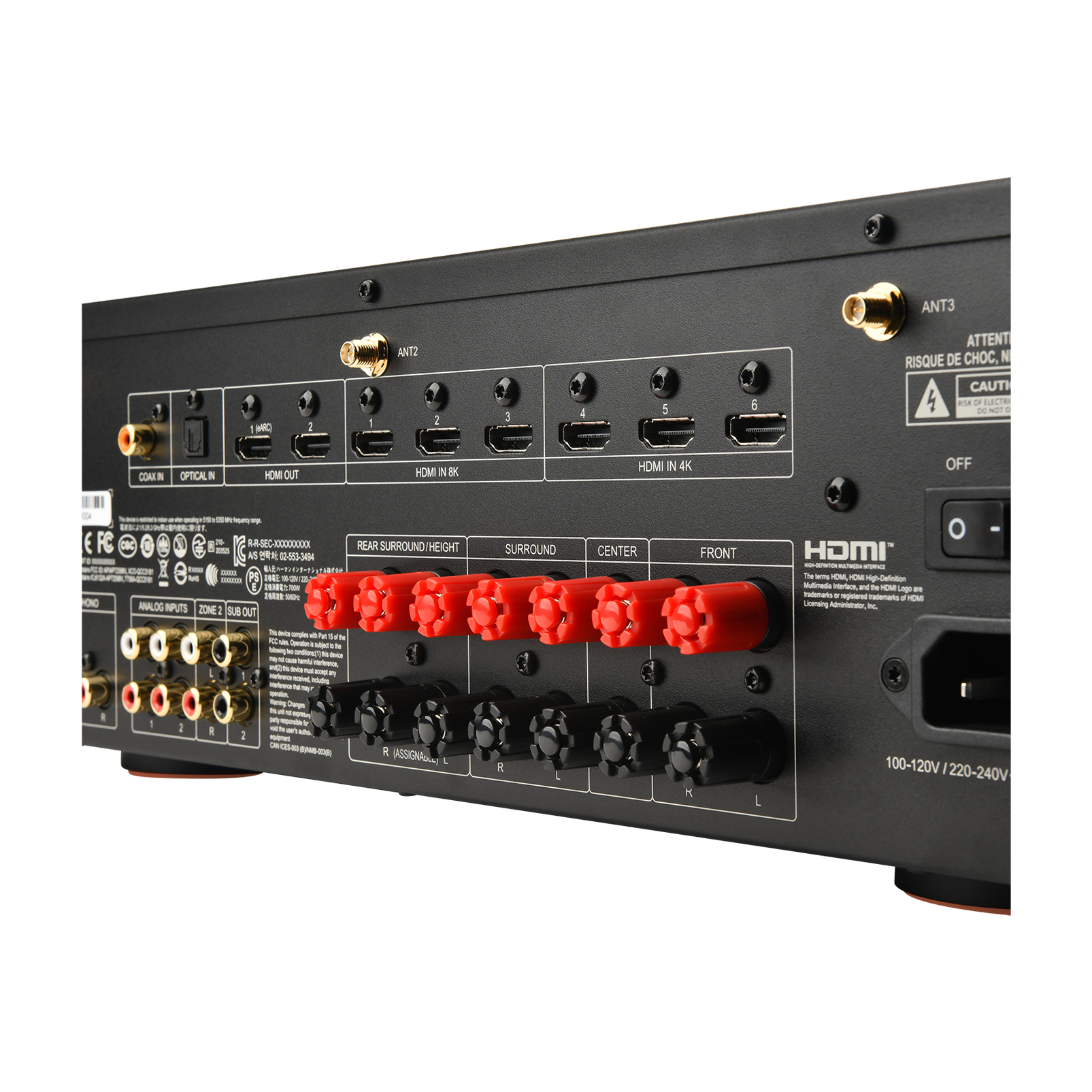 Tylny panel amplitunera z przyłączami HDMI, antenowymi, audio i zasilania.