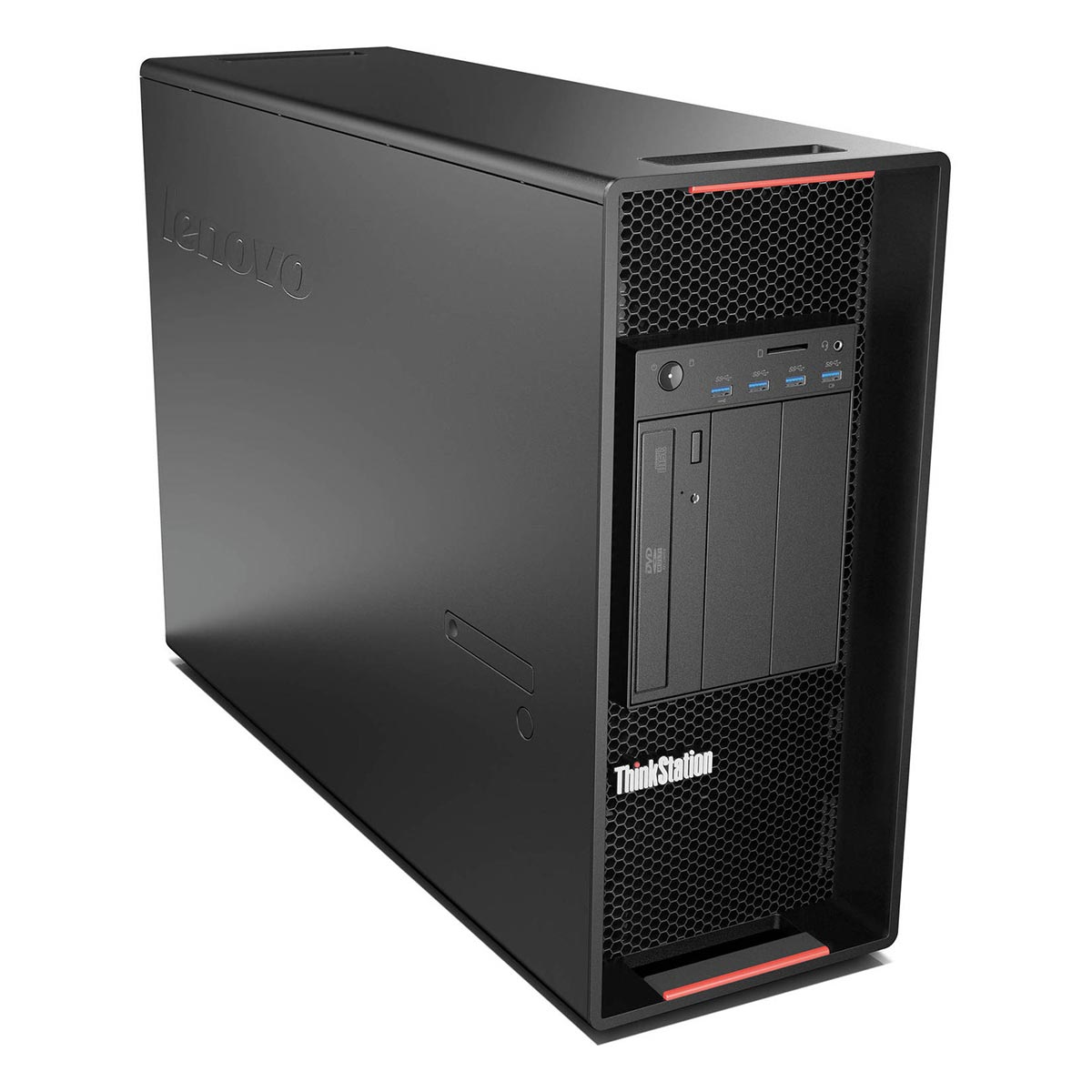 Czarny komputer Lenovo ThinkStation na białym tle. Posiada napęd DVD i porty USB.