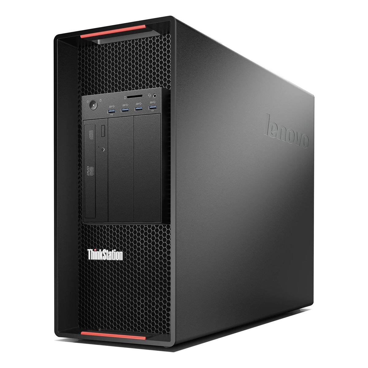 Czarny komputer stacjonarny Lenovo ThinkStation z wieloma portami USB i napędem DVD.