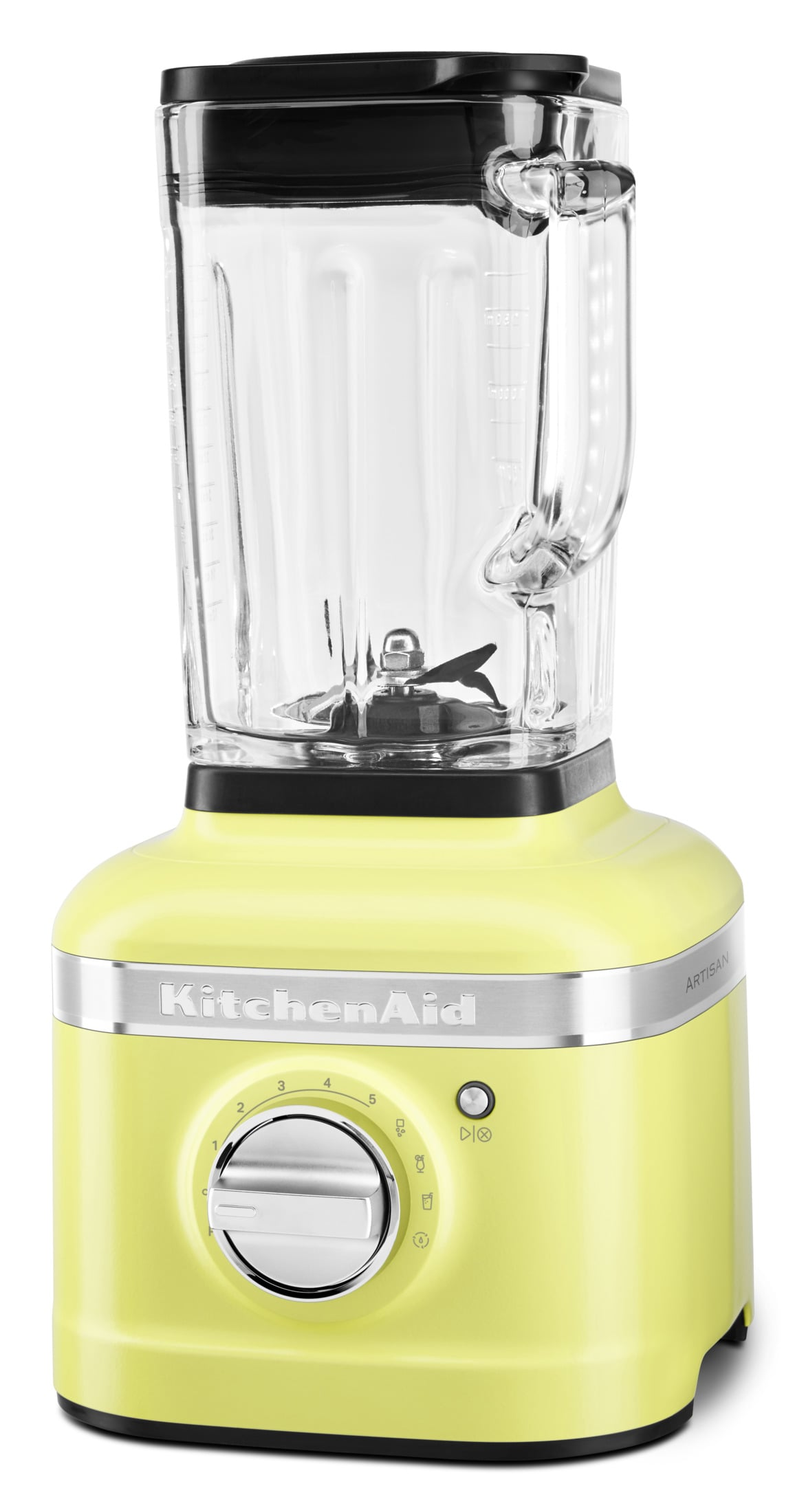 Un frullatore KitchenAid giallo con caraffa in vetro e manopola argentata.