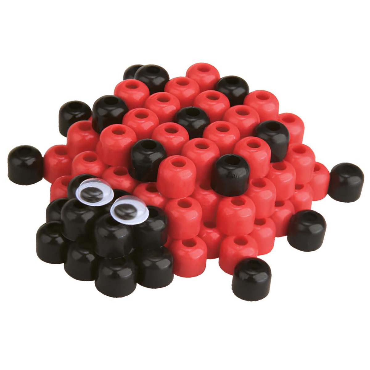 Mucchio di perline rosse e nere con due occhietti mobili sopra.