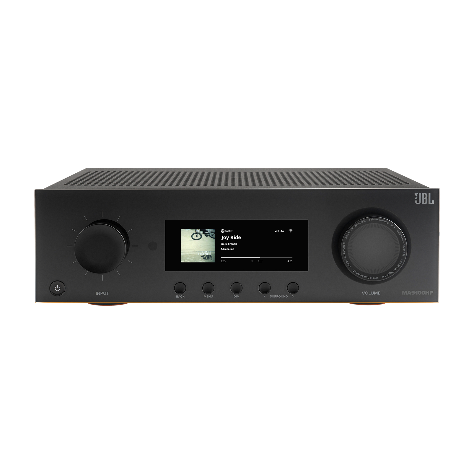 Czarny wzmacniacz JBL MA9100HP z dużym pokrętłem i ekranem.