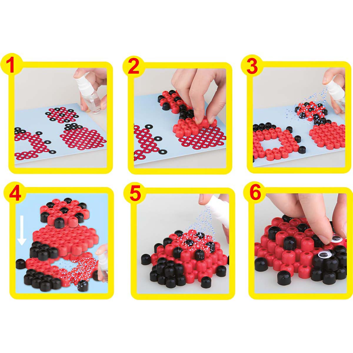 Guida passo passo: posizionare perline, spruzzare, asciugare e assemblare un disegno di coccinella.