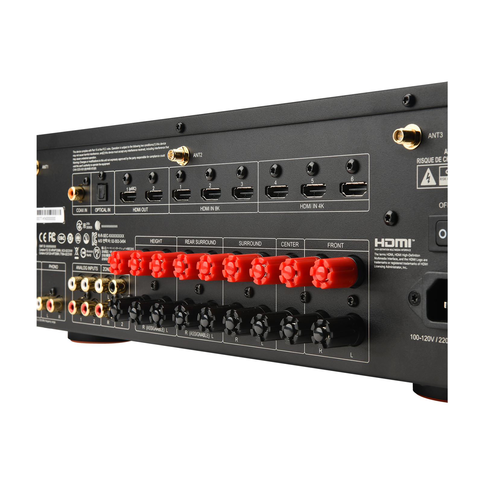 Tylny panel amplitunera AV ze złączami antenowymi, HDMI, koncentrycznymi, optycznymi i głośnikowymi.