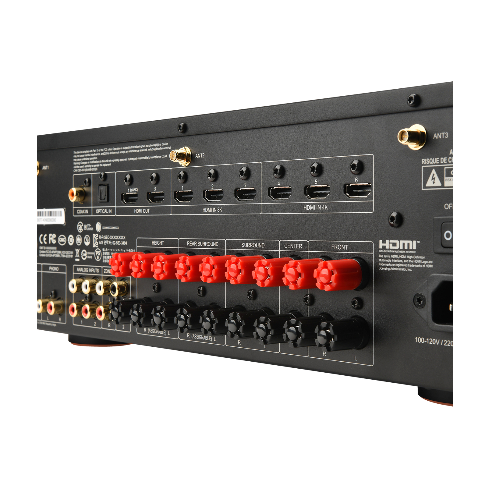 Tylny panel odbiornika z portami HDMI, wejściami antenowymi i terminalami głośnikowymi.