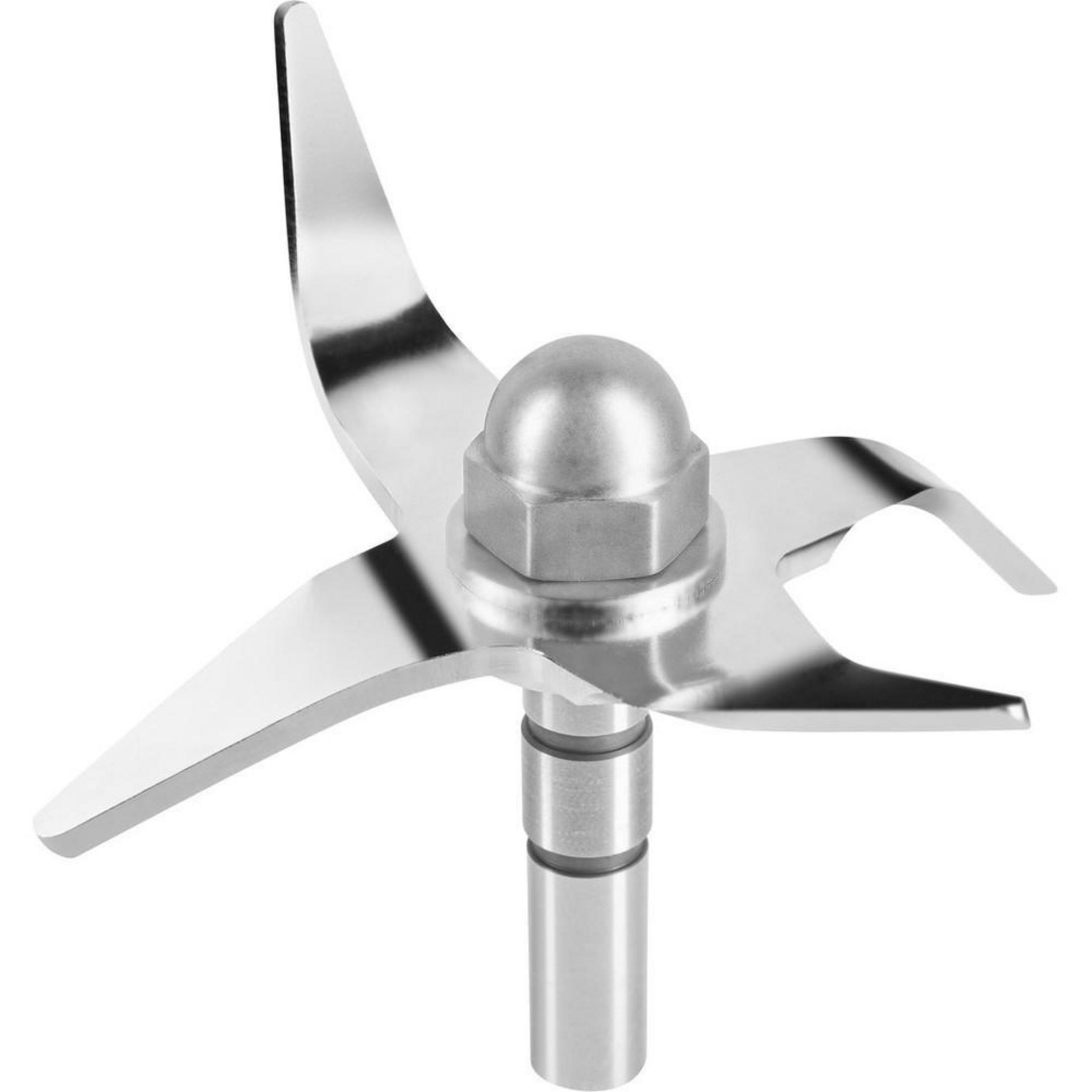 A metallic blender blade with four sharp edges, fixed by a nut and bolt.