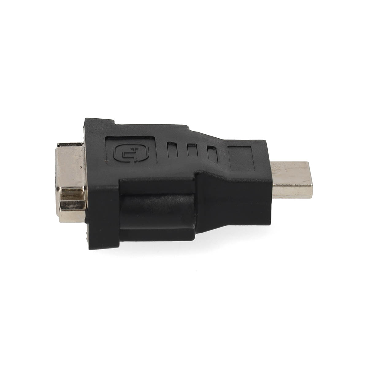 Ein schwarzer Adapter mit einem VGA-Anschluss links und einem HDMI-Stecker rechts.