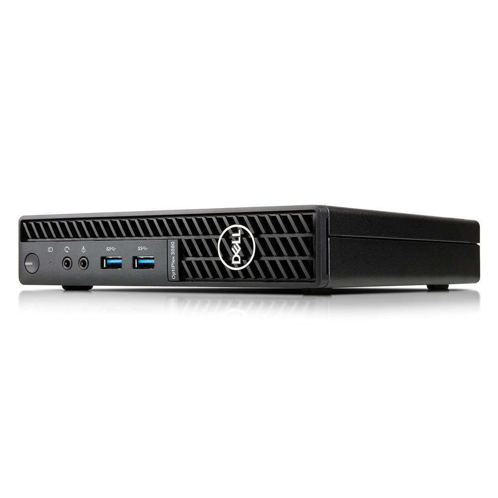 Un mini PC Dell OptiPlex 3080 noir avec ports USB avant et logo Dell.