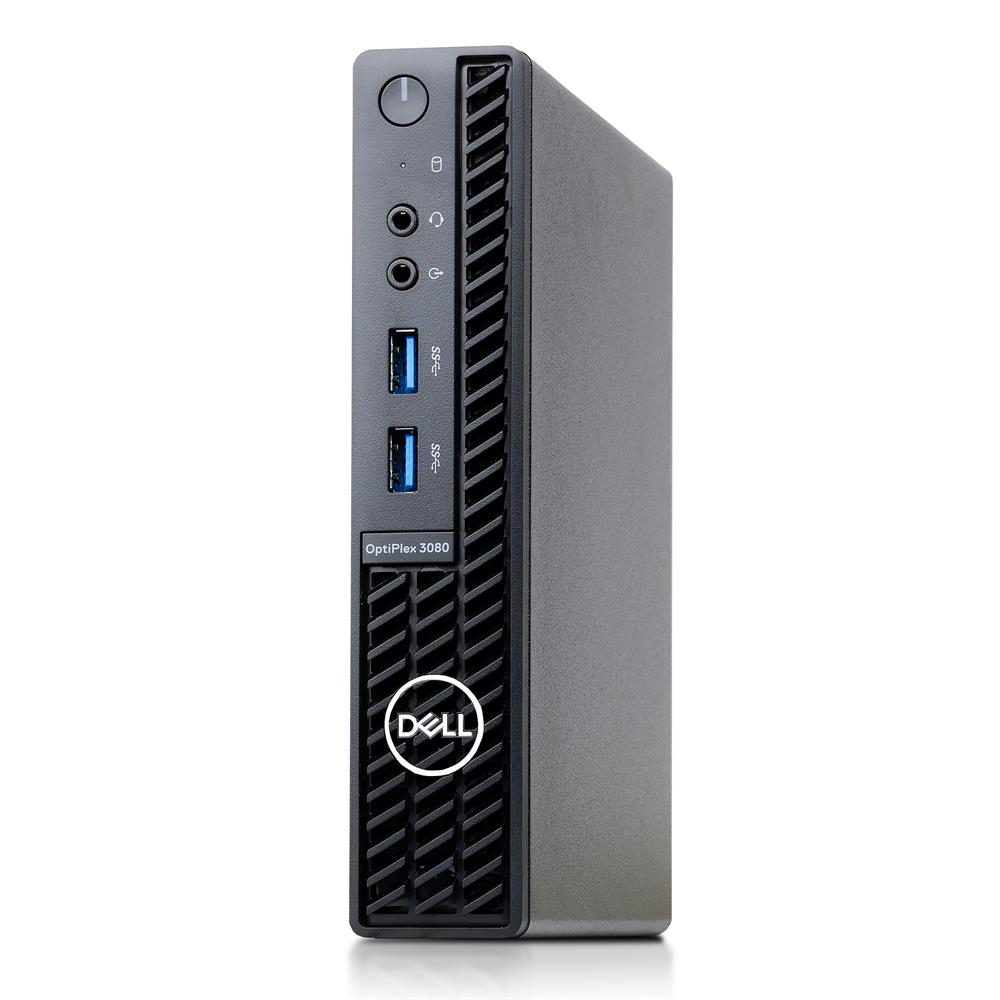 Un ordinateur Dell OptiPlex 3080 gris en orientation portrait, avec ports avant.