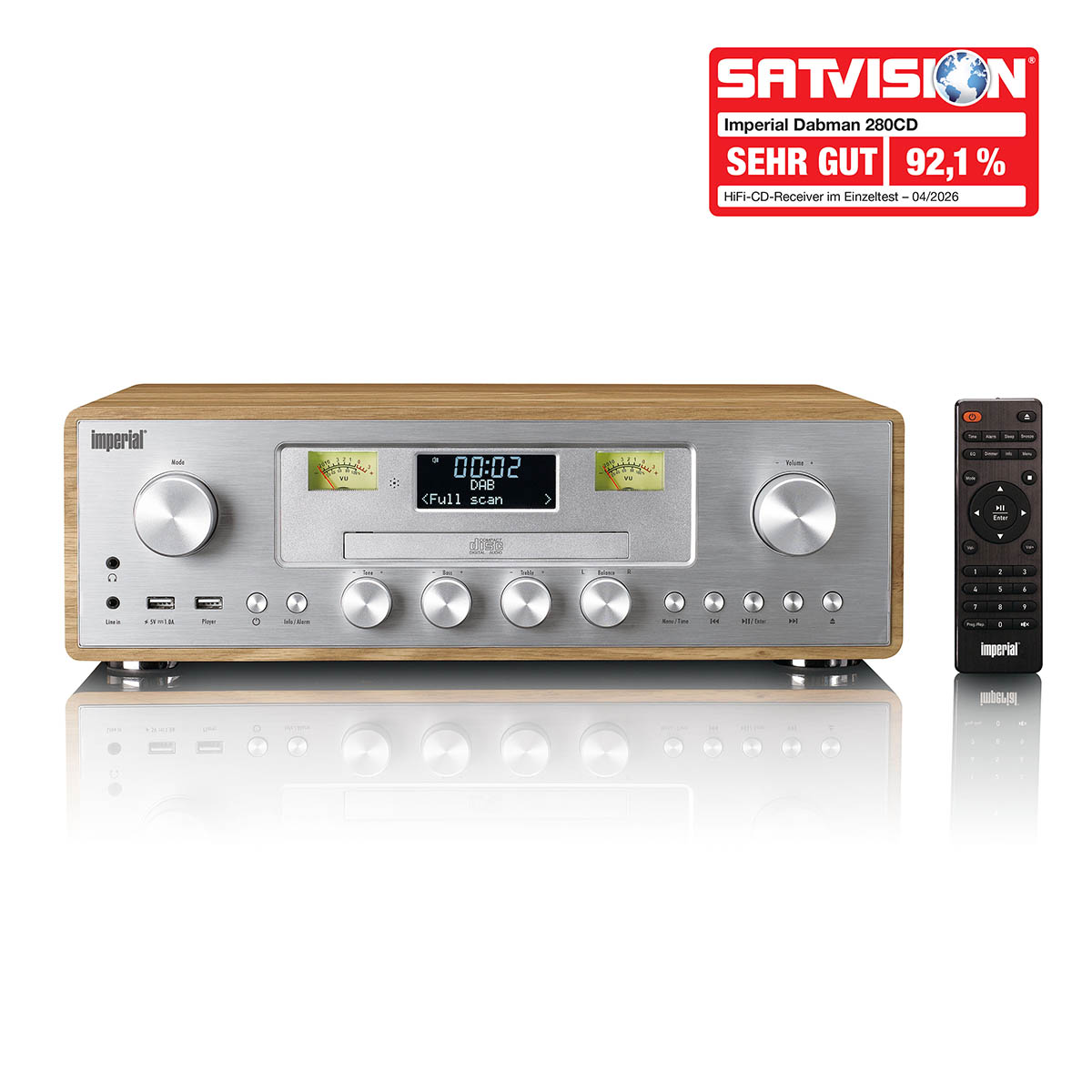 Imperial Dabman 280CD HiFi-Receiver mit CD-Player, Holzoptik, silberner Front und Fernbedienung.